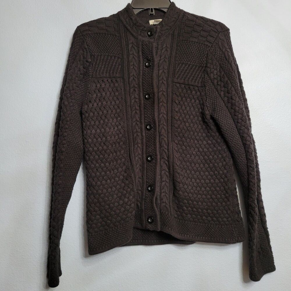 L.L.Bean Womens S Black Chunky Cable Knit Fisherman Cardigan Sweater Aran Style